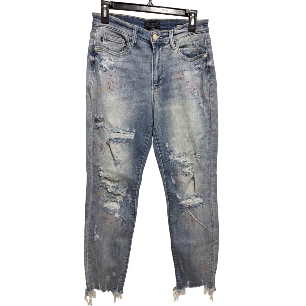 Judy Blue Boyfriend Jeans Women 5/27 Mid Rise Paint Splatter Distressed Raw Hem